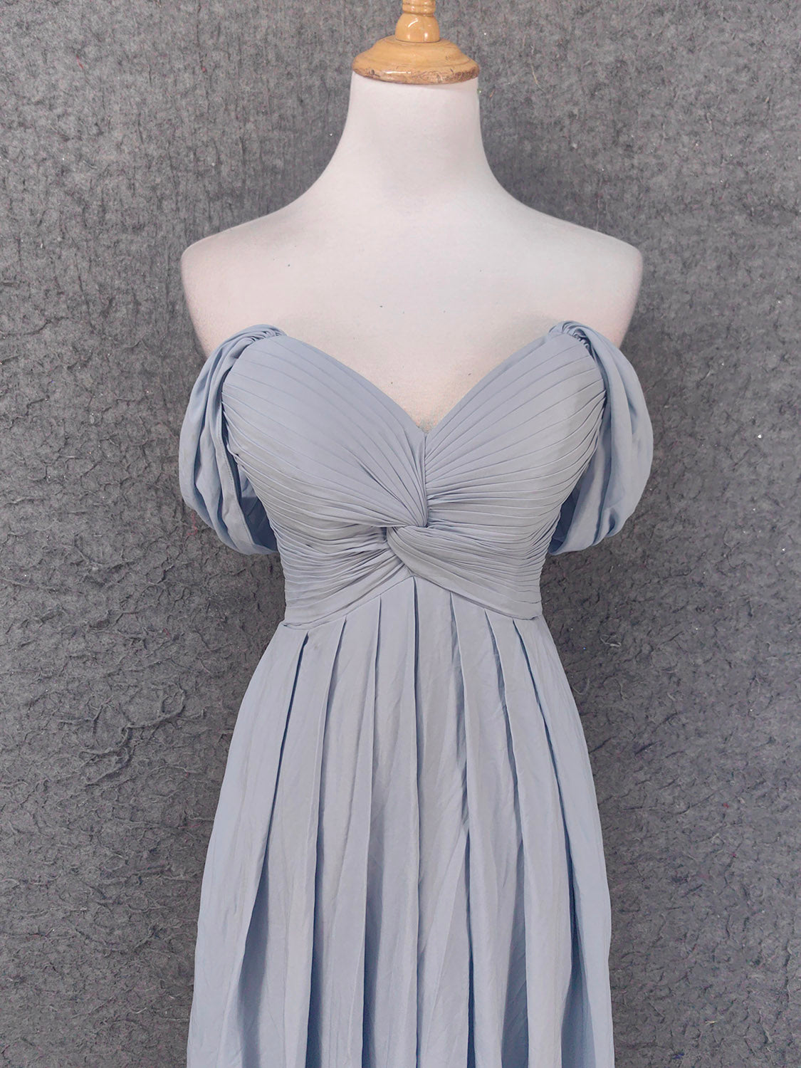 Elegant Light Gray A-Line Off-Shoulder Twist Ruffled Chiffon Long Formal Prom Dresses Bridesmaid Dresses Secondary image