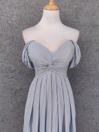 Elegant Light Gray A-Line Off-Shoulder Twist Ruffled Chiffon Long Formal Prom Dresses Bridesmaid Dresses