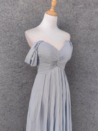 Elegant Light Gray A-Line Off-Shoulder Twist Ruffled Chiffon Long Formal Prom Dresses Bridesmaid Dresses