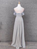 Elegant Light Gray A-Line Off-Shoulder Twist Ruffled Chiffon Long Formal Prom Dresses Bridesmaid Dresses