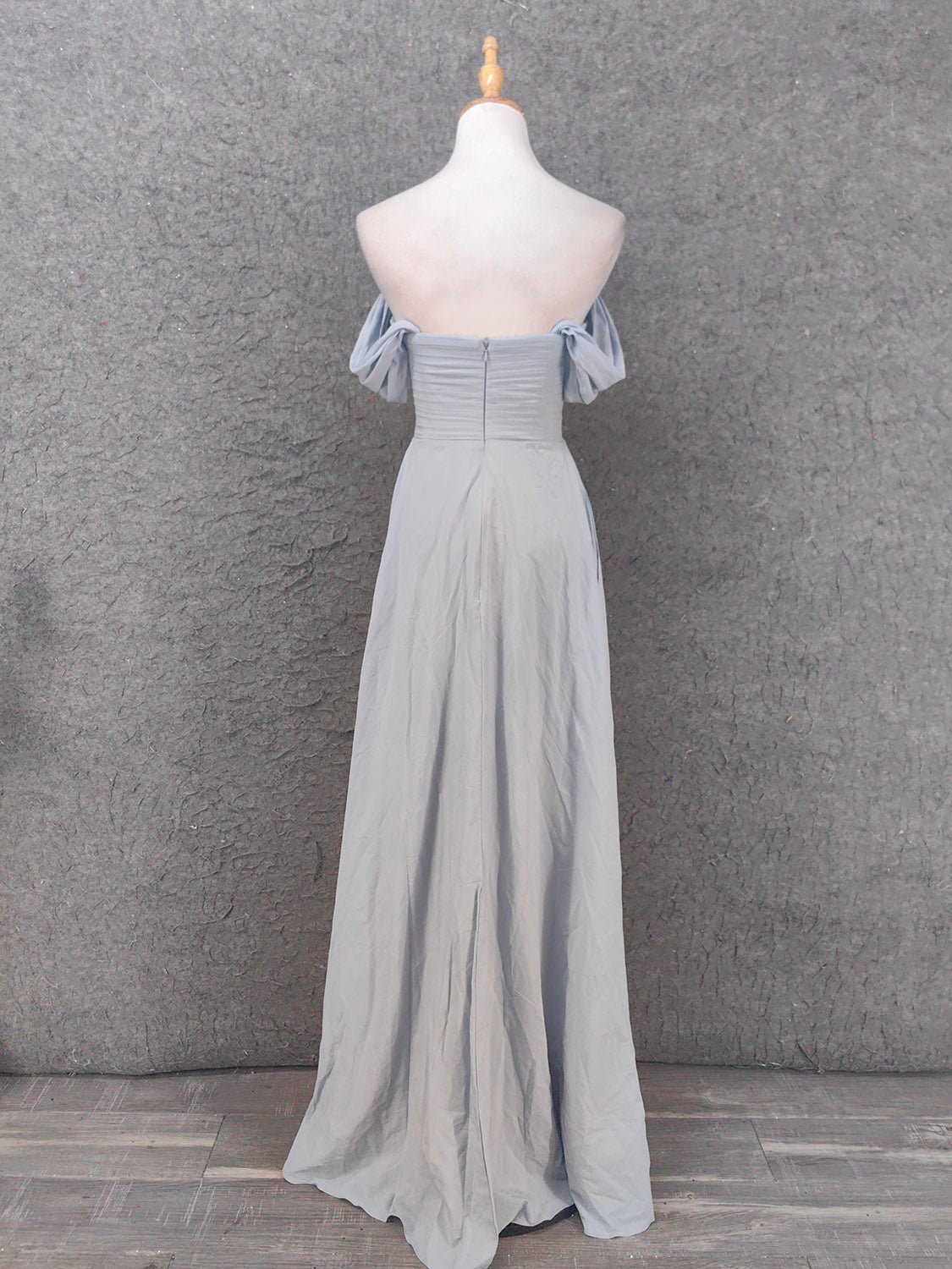 Elegant Light Gray A-Line Off-Shoulder Twist Ruffled Chiffon Long Formal Prom Dresses Bridesmaid Dresses