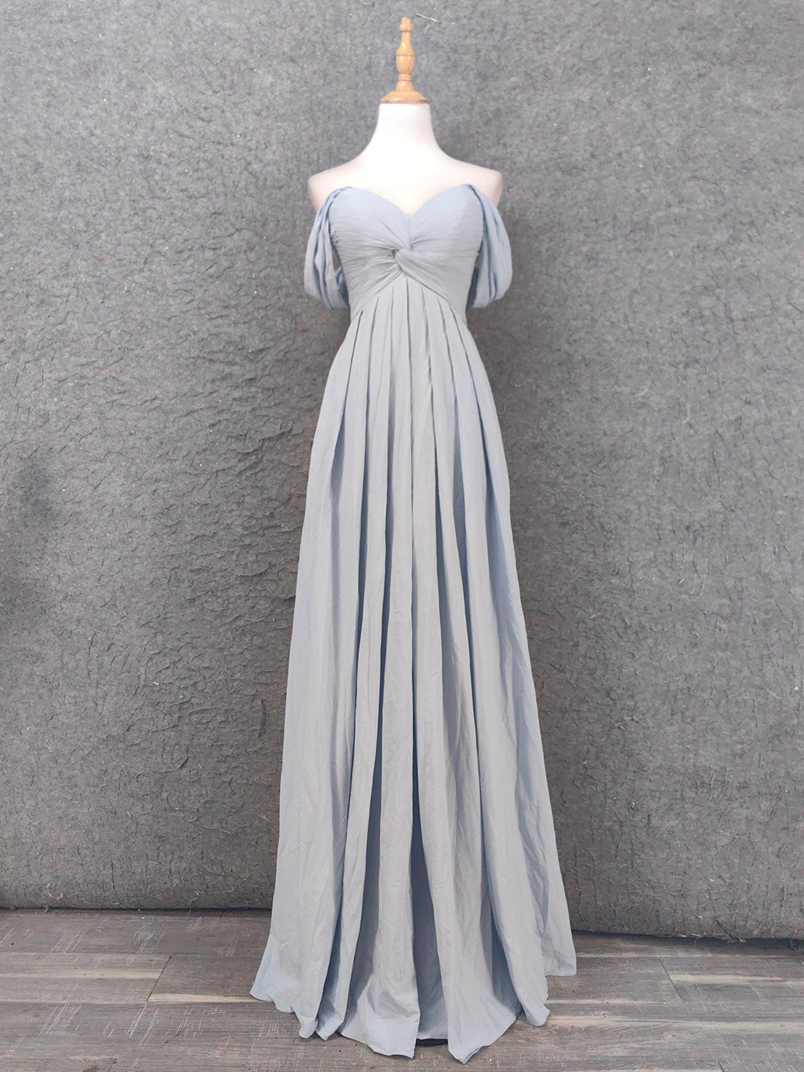 Elegant Light Gray A-Line Off-Shoulder Twist Ruffled Chiffon Long Formal Prom Dresses Bridesmaid Dresses Main image