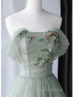 Elegant Light Green A-Line Tulle Off The Shoulder Long Formal Prom Dresses Formal Dresses,