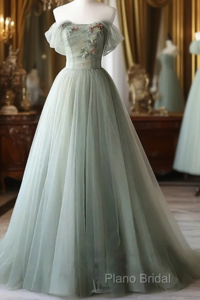 Elegant Light Green A-Line Tulle Off The Shoulder Long Formal Prom Dresses Formal Dresses, Main image
