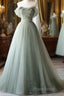 Elegant Light Green A-Line Tulle Off The Shoulder Long Formal Prom Dresses Formal Dresses,