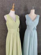 Elegant Light Green A-Line V-Neck Sleeveless Ruffled Chiffon Long Formal Prom Dresses