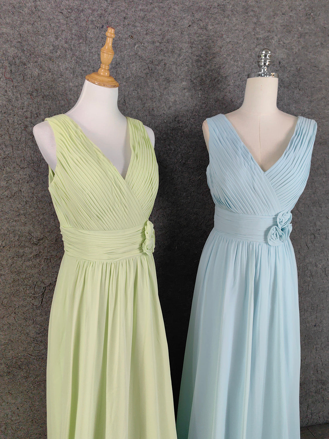 Elegant Light Green A-Line V-Neck Sleeveless Ruffled Chiffon Long Formal Prom Dresses
