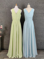 Elegant Light Green A-Line V-Neck Sleeveless Ruffled Chiffon Long Formal Prom Dresses