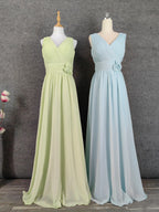 Elegant Light Green A-Line V-Neck Sleeveless Ruffled Chiffon Long Formal Prom Dresses