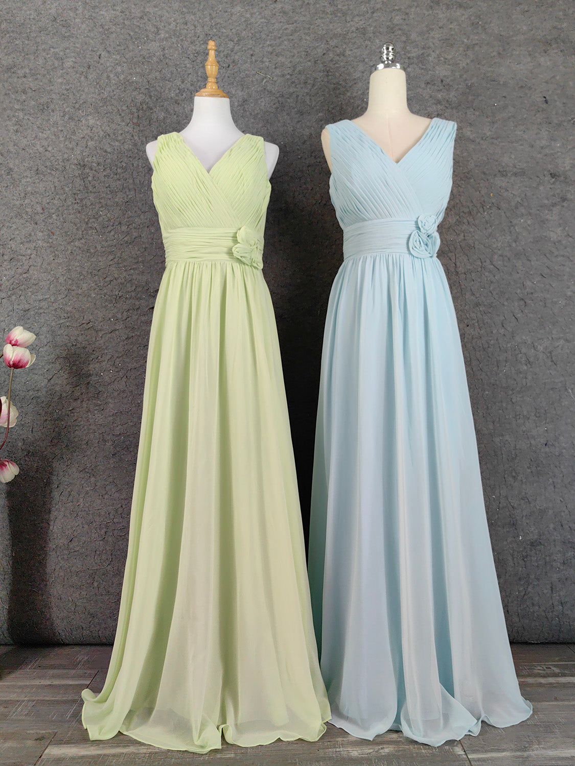 Elegant Light Green A-Line V-Neck Sleeveless Ruffled Chiffon Long Formal Prom Dresses