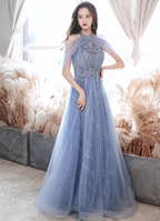Elegant Light Haze Blue A-Line Halter Cold Shoulder Tulle Long Formal Prom Dresses