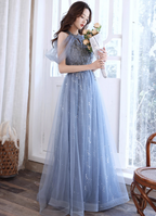 Elegant Light Haze Blue A-Line Halter Cold Shoulder Tulle Long Formal Prom Dresses