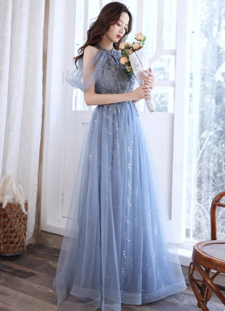 Elegant Light Haze Blue A-Line Halter Cold Shoulder Tulle Long Formal Prom Dresses