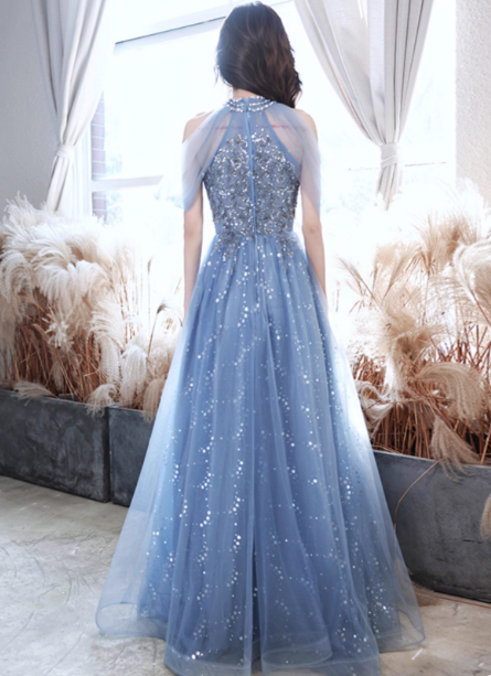 Elegant Light Haze Blue A-Line Halter Cold Shoulder Tulle Long Formal Prom Dresses