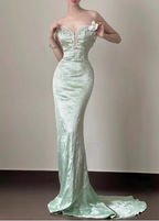 Elegant Light Mint Green Mermaid Sweetheart Neck Pearl Backless Shiny Satin Train Formal Prom Dresses