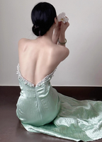 Elegant Light Mint Green Mermaid Sweetheart Neck Pearl Backless Shiny Satin Train Formal Prom Dresses