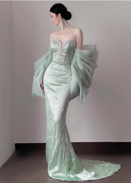 Elegant Light Mint Green Mermaid Sweetheart Neck Pearl Backless Shiny Satin Train Formal Prom Dresses Main image