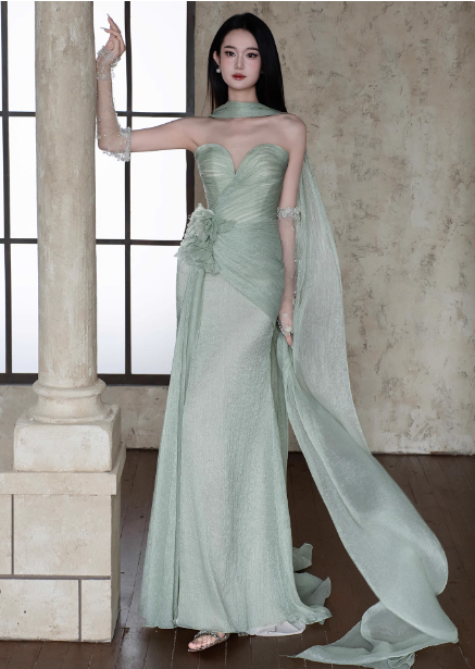 Elegant Light Mint Green Sweetheart Neck 3D Floral Split Chiffon Formal Prom Dresses Secondary image