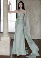 Elegant Light Mint Green Sweetheart Neck 3D Floral Split Chiffon Formal Prom Dresses