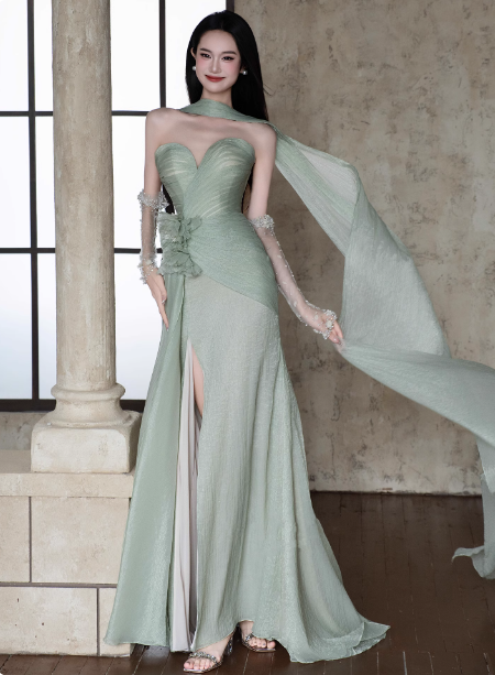 Elegant Light Mint Green Sweetheart Neck 3D Floral Split Chiffon Formal Prom Dresses