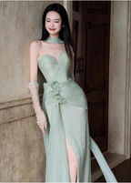 Elegant Light Mint Green Sweetheart Neck 3D Floral Split Chiffon Formal Prom Dresses