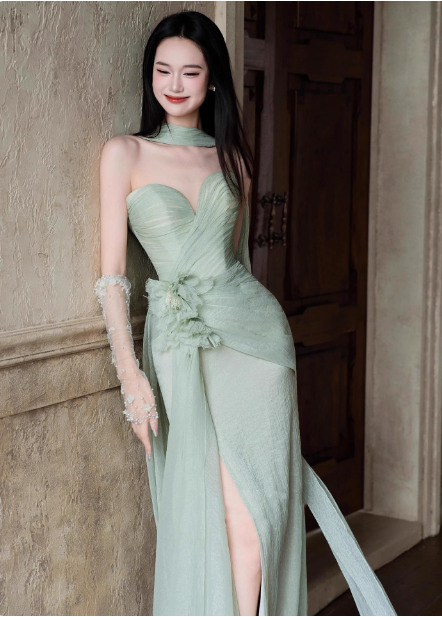 Elegant Light Mint Green Sweetheart Neck 3D Floral Split Chiffon Formal Prom Dresses