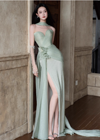 Elegant Light Mint Green Sweetheart Neck 3D Floral Split Chiffon Formal Prom Dresses