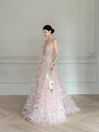 Elegant Light Pink A-Line Strapless Feather Long Formal Prom Dresses