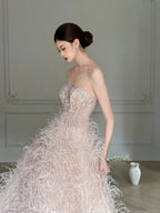 Elegant Light Pink A-Line Strapless Feather Long Formal Prom Dresses