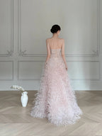 Elegant Light Pink A-Line Strapless Feather Long Formal Prom Dresses