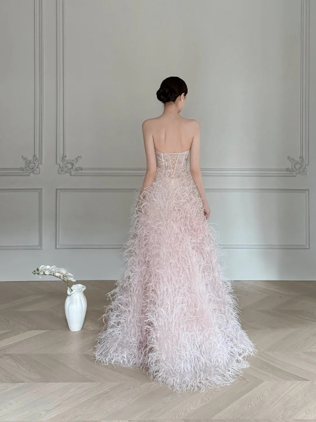Elegant Light Pink A-Line Strapless Feather Long Formal Prom Dresses