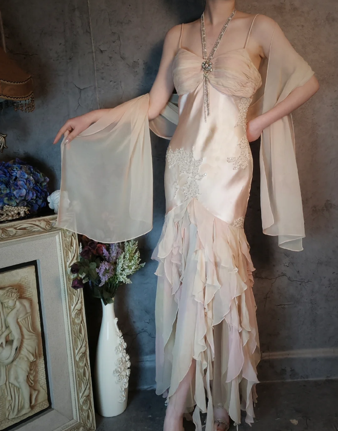 Elegant Light Pink Mermaid Beaded Layered Ruffled Satin Formal Prom Dresses