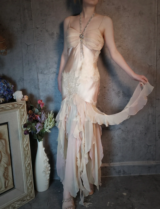 Elegant Light Pink Mermaid Beaded Layered Ruffled Satin Formal Prom Dresses