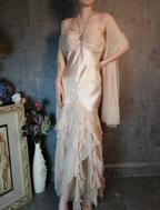 Elegant Light Pink Mermaid Beaded Layered Ruffled Satin Formal Prom Dresses