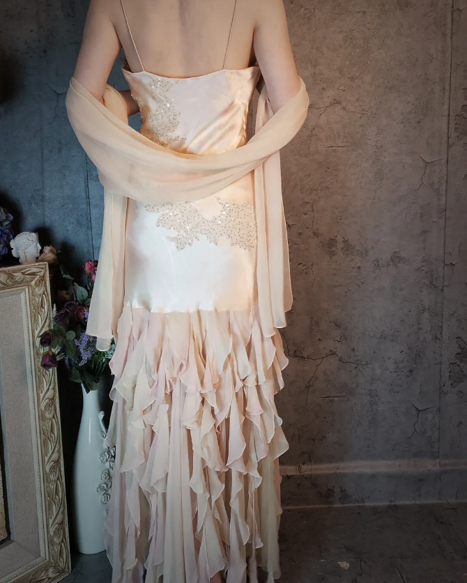 Elegant Light Pink Mermaid Beaded Layered Ruffled Satin Formal Prom Dresses