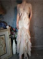 Elegant Light Pink Mermaid Beaded Layered Ruffled Satin Formal Prom Dresses