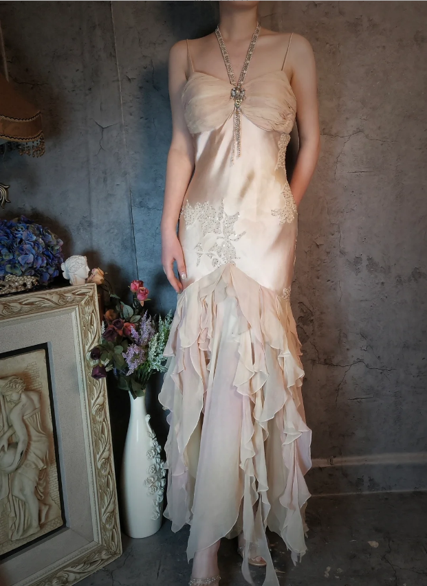 Elegant Light Pink Mermaid Beaded Layered Ruffled Satin Formal Prom Dresses