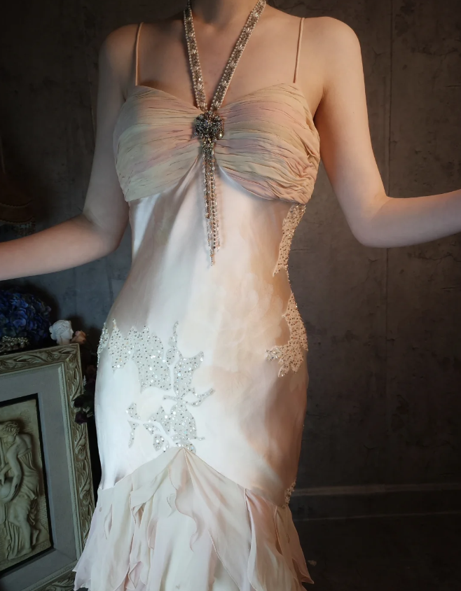 Elegant Light Pink Mermaid Beaded Layered Ruffled Satin Formal Prom Dresses