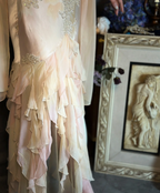 Elegant Light Pink Mermaid Beaded Layered Ruffled Satin Formal Prom Dresses