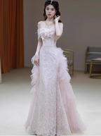 Elegant Light Pink Mermaid Off-The-Shoulder Sequined Sheer Tulle Long Formal Prom Dresses