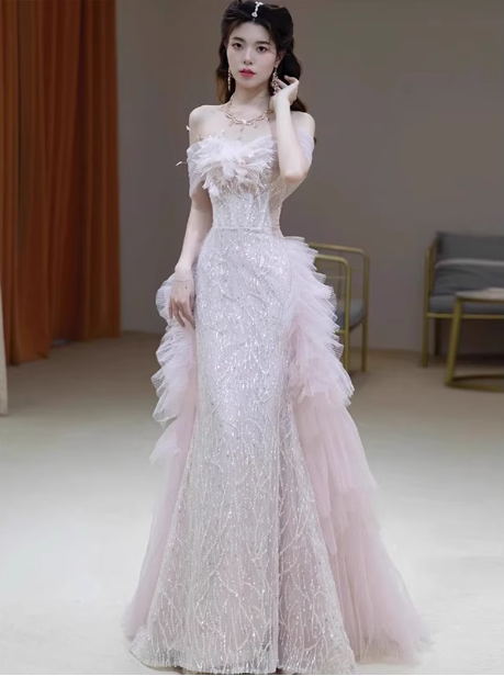 Elegant Light Pink Mermaid Off-The-Shoulder Sequined Sheer Tulle Long Formal Prom Dresses