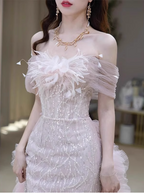 Elegant Light Pink Mermaid Off-The-Shoulder Sequined Sheer Tulle Long Formal Prom Dresses