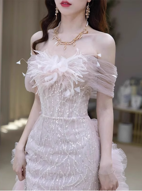 Elegant Light Pink Mermaid Off-The-Shoulder Sequined Sheer Tulle Long Formal Prom Dresses