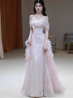 Elegant Light Pink Mermaid Off-The-Shoulder Sequined Sheer Tulle Long Formal Prom Dresses