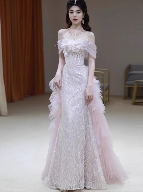 Elegant Light Pink Mermaid Off-The-Shoulder Sequined Sheer Tulle Long Formal Prom Dresses