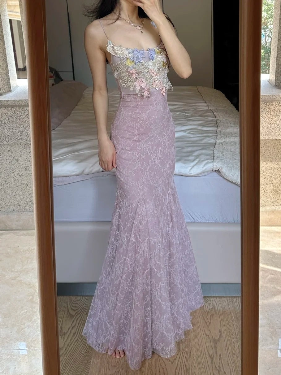 Elegant Light Purple Mermaid Square Neck 3D Floral Lace Long Formal Prom Dresses