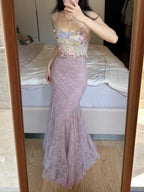 Elegant Light Purple Mermaid Square Neck 3D Floral Lace Long Formal Prom Dresses