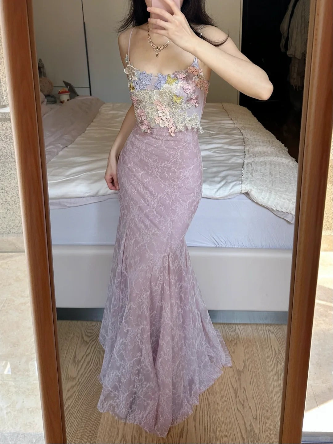 Elegant Light Purple Mermaid Square Neck 3D Floral Lace Long Formal Prom Dresses