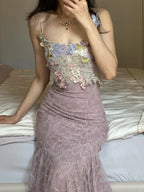 Elegant Light Purple Mermaid Square Neck 3D Floral Lace Long Formal Prom Dresses