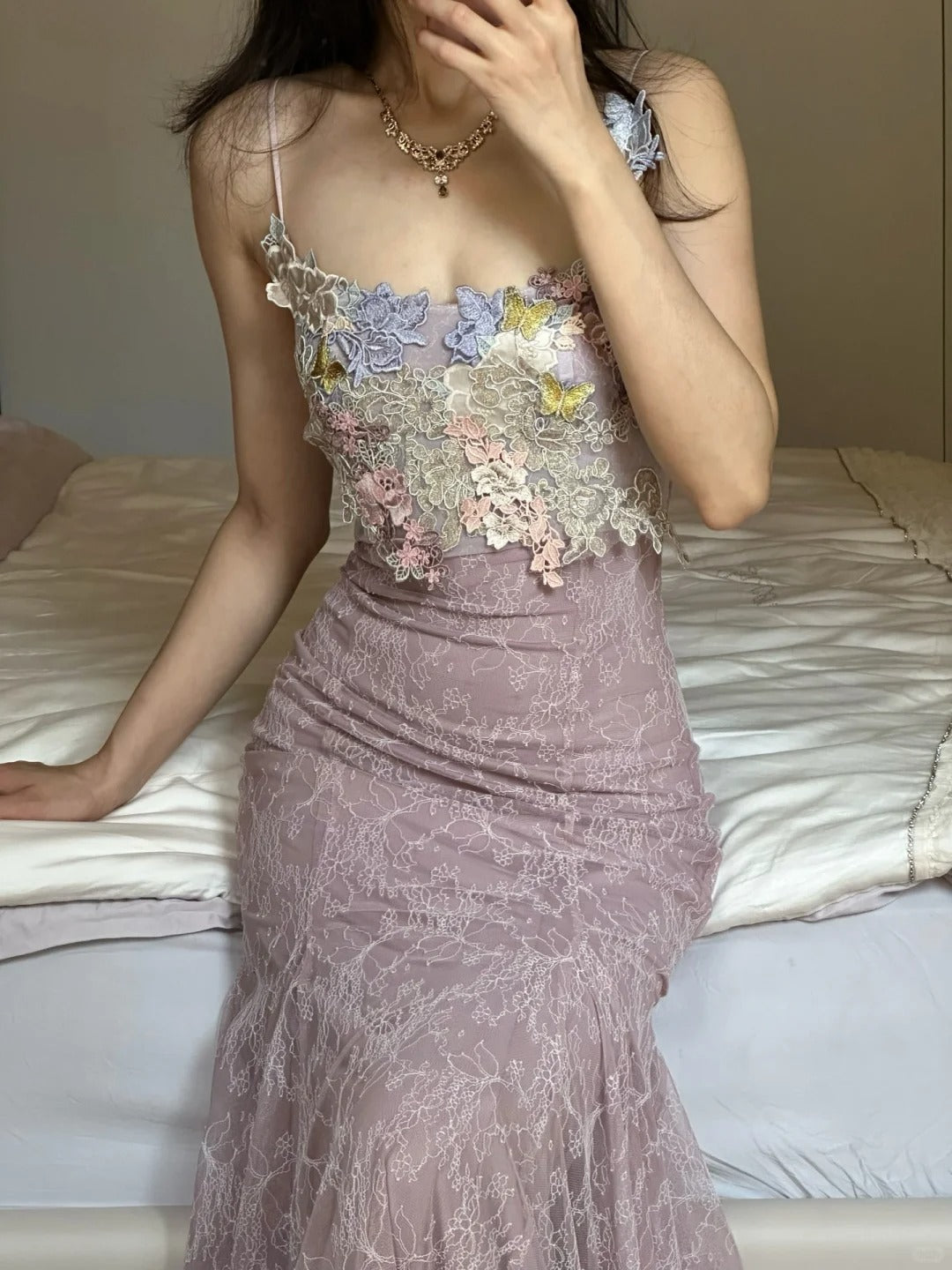 Elegant Light Purple Mermaid Square Neck 3D Floral Lace Long Formal Prom Dresses